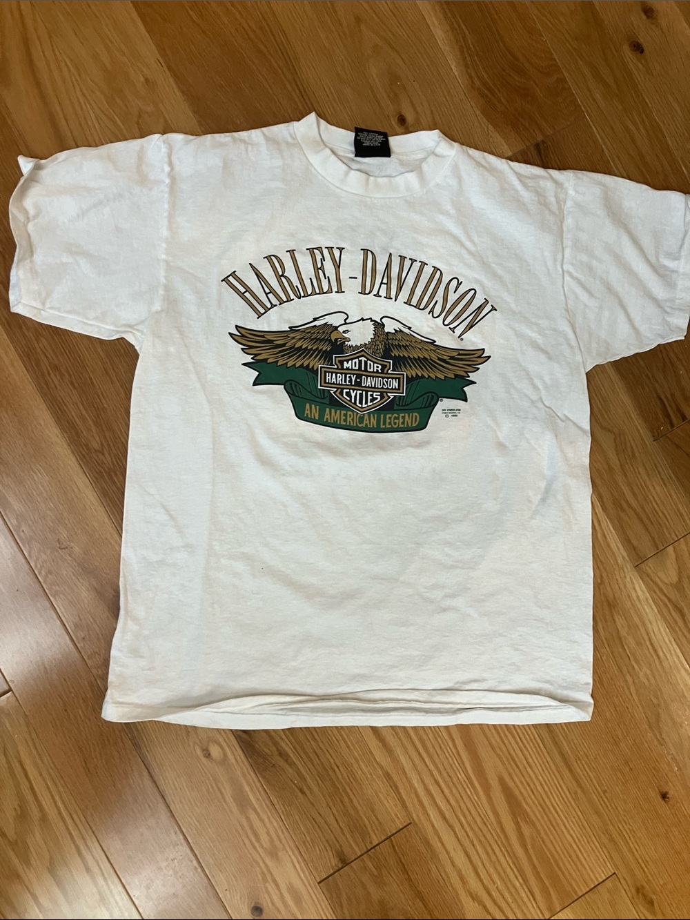 Vintage 1990 Harley-Davidson White Tee with Green & Gold Eagle Graphic xl